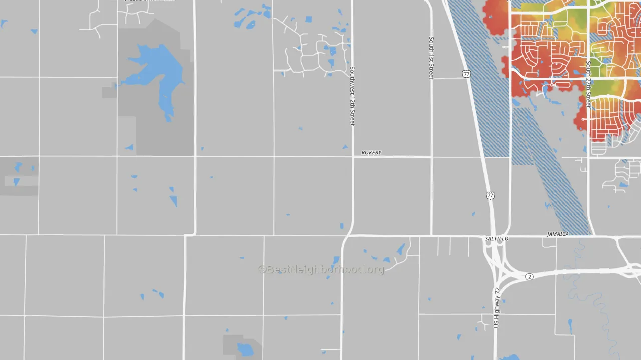 Walk Grade map of Rokeby, NE, walkable areas in green and car-dependent areas in red