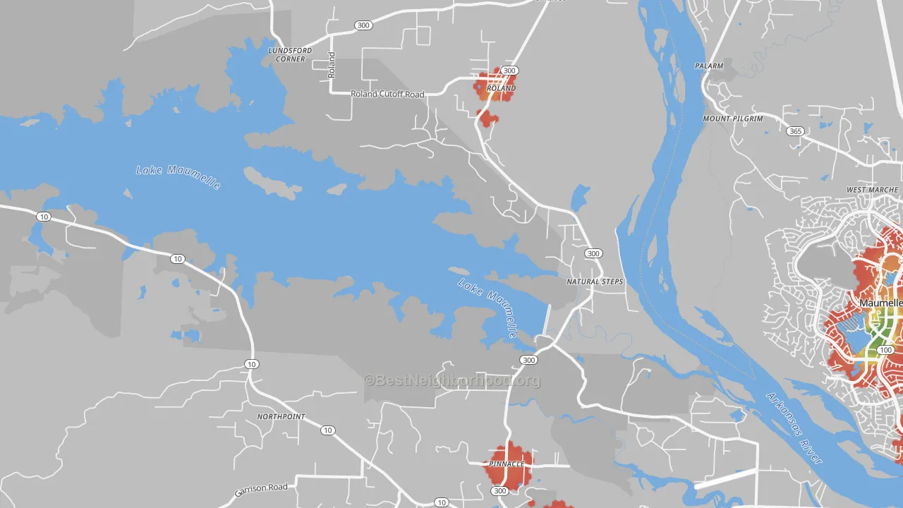 Walk Grade map of Roland, AR, walkable areas in green and car-dependent areas in red