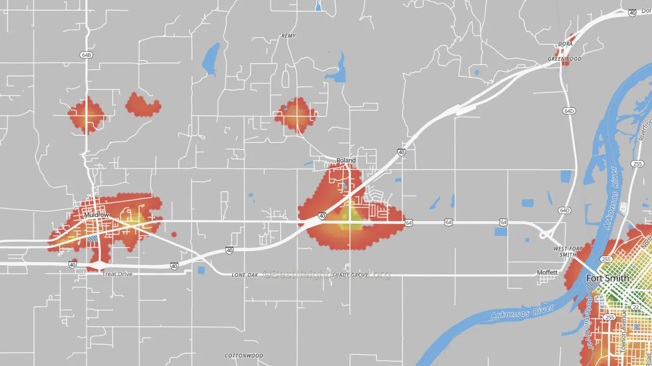 Walk Grade map of Roland, OK, walkable areas in green and car-dependent areas in red