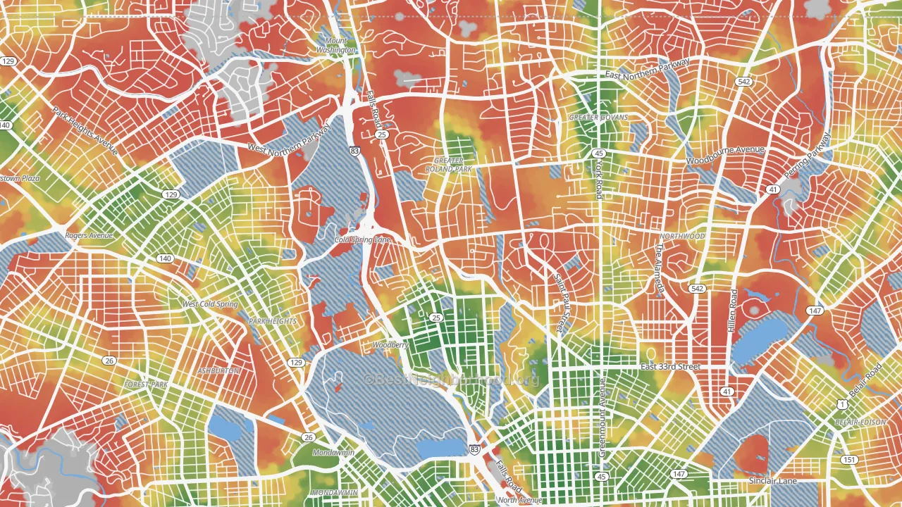 Walk Grade map of Roland Park-Homewood-Guilford, Baltimore, MD, walkable areas in green and car-dependent areas in red