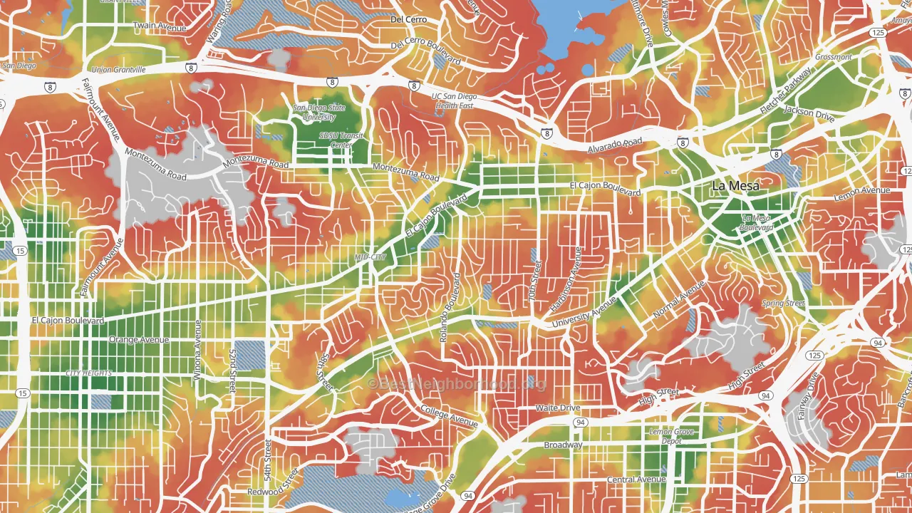 Walk Grade map of Rolando, San Diego, CA, walkable areas in green and car-dependent areas in red