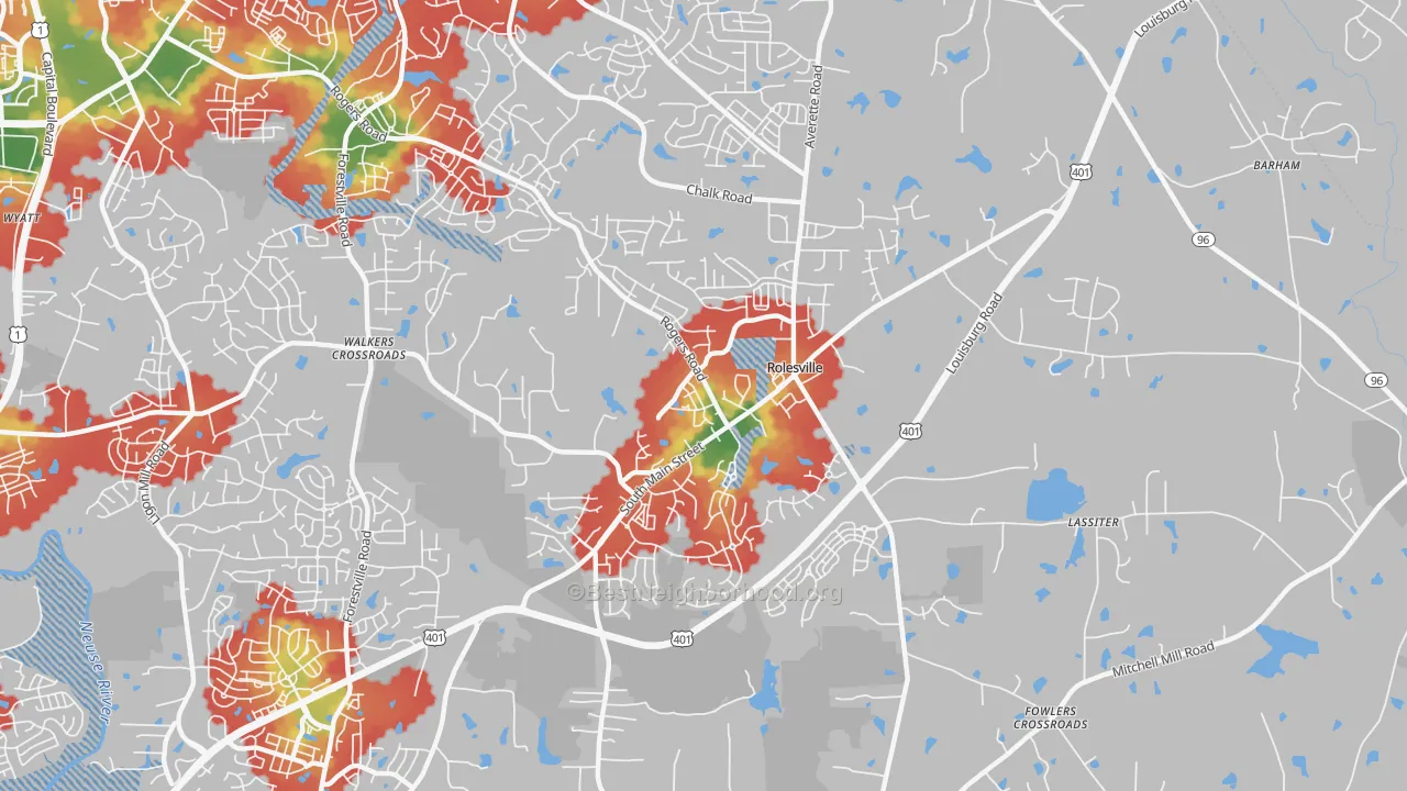 Walk Grade map of Rolesville, NC, walkable areas in green and car-dependent areas in red