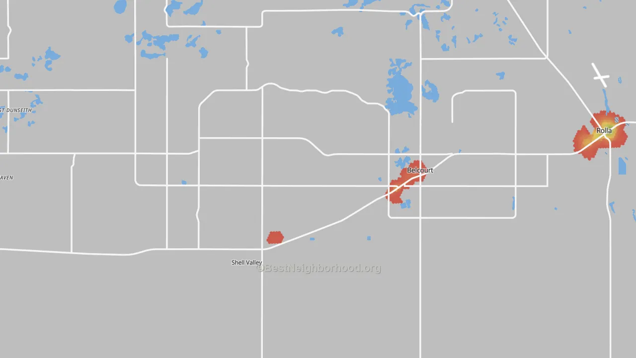 Walk Grade map of Rolette County, ND, walkable areas in green and car-dependent areas in red