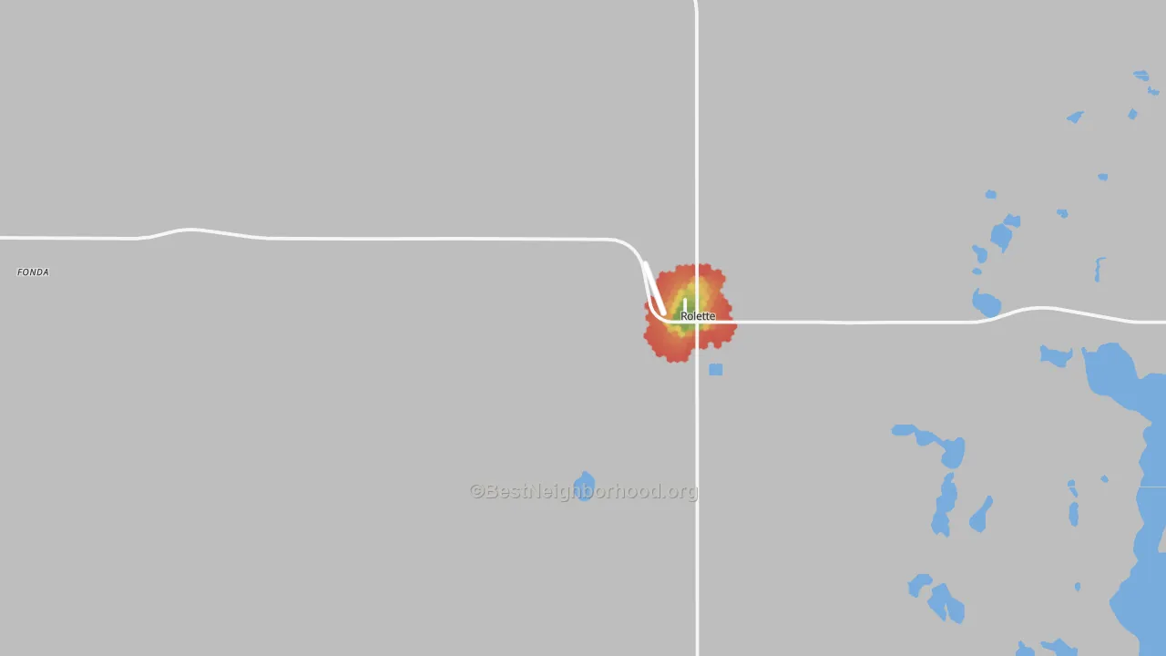 Walk Grade map of Rolette, ND, walkable areas in green and car-dependent areas in red
