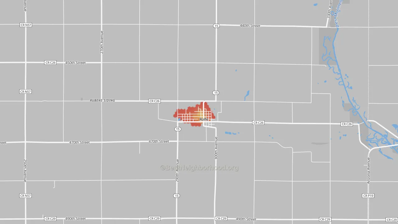 Walk Grade map of Rolfe, IA, walkable areas in green and car-dependent areas in red
