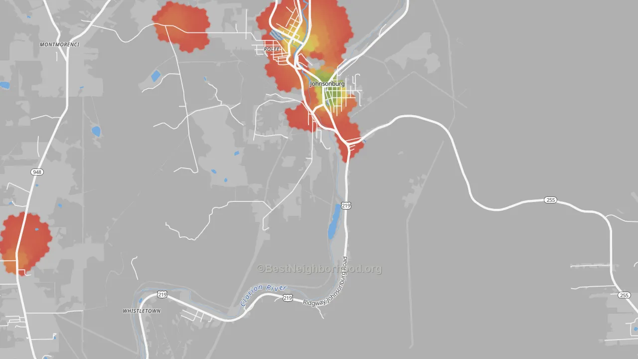 Walk Grade map of Rolfe, PA, walkable areas in green and car-dependent areas in red
