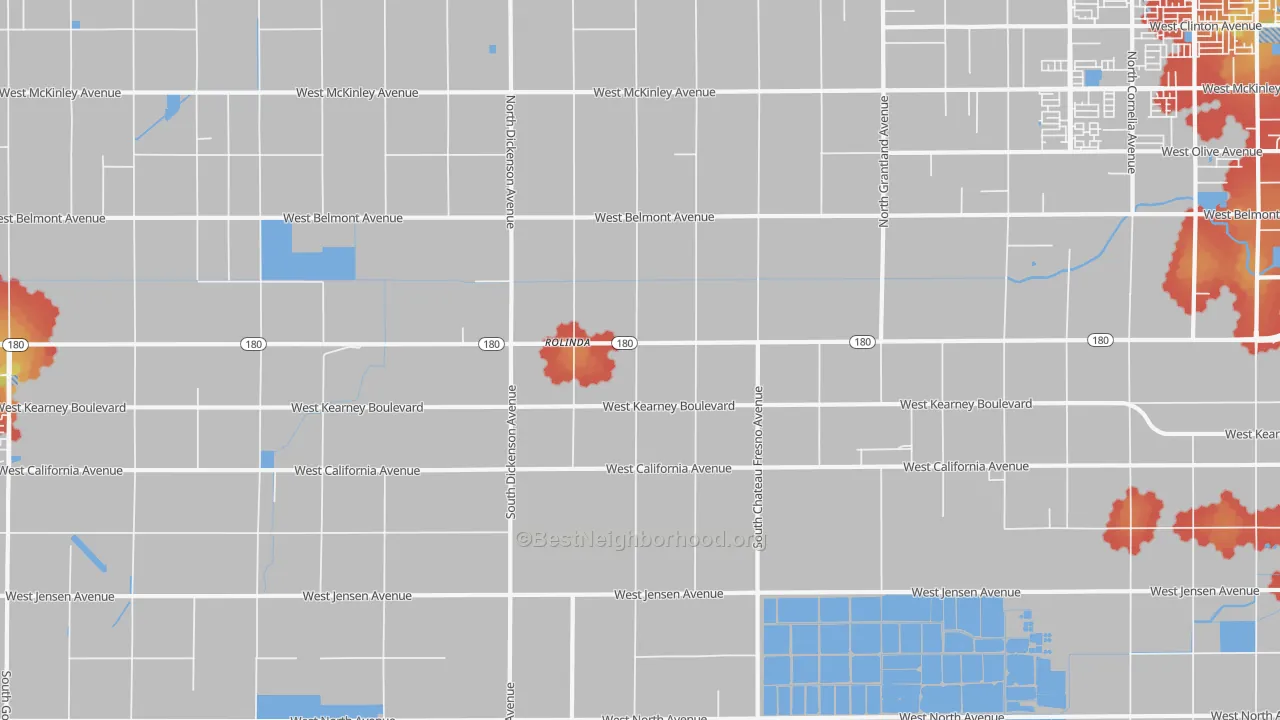 Walk Grade map of Rolinda, CA, walkable areas in green and car-dependent areas in red