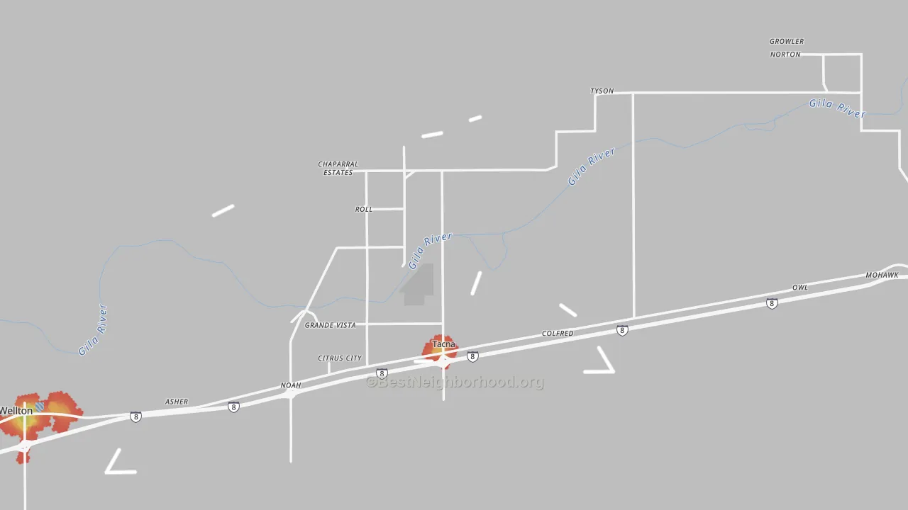 Walk Grade map of Roll, AZ, walkable areas in green and car-dependent areas in red