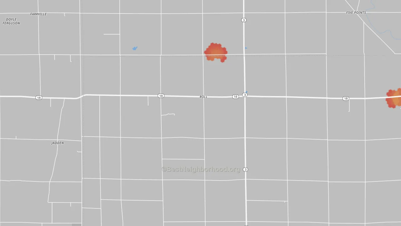 Walk Grade map of Roll, IN, walkable areas in green and car-dependent areas in red