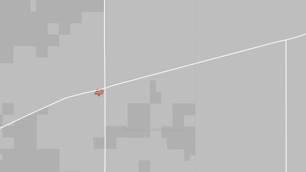 Walk Grade map of Rolla, KS, walkable areas in green and car-dependent areas in red