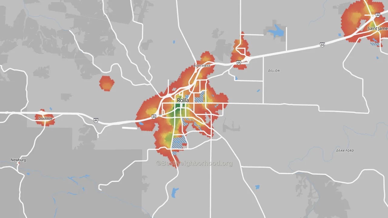 Walk Grade map of Rolla, MO, walkable areas in green and car-dependent areas in red