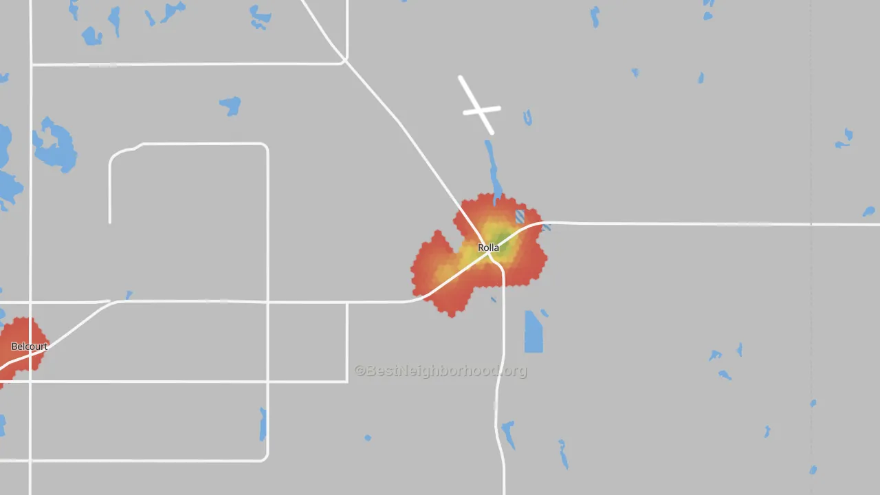 Walk Grade map of Rolla, ND, walkable areas in green and car-dependent areas in red