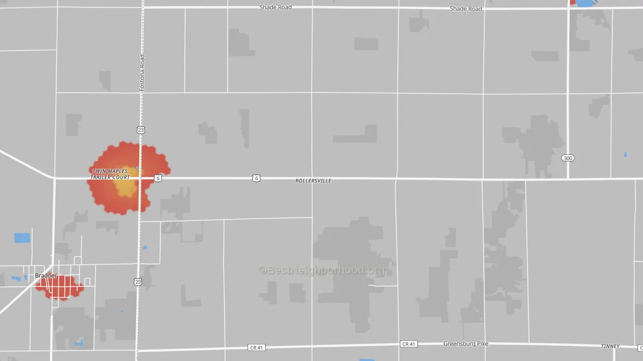 Walk Grade map of Rollersville, OH, walkable areas in green and car-dependent areas in red