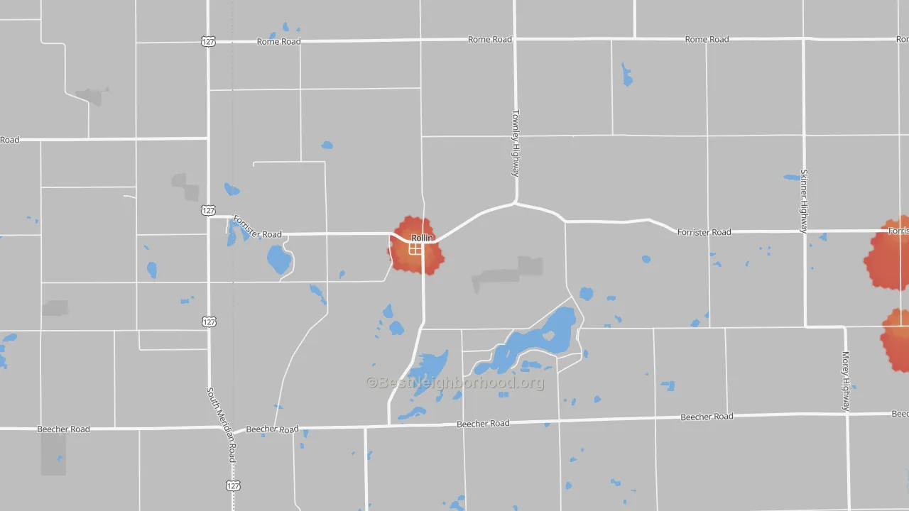 Walk Grade map of Rollin, MI, walkable areas in green and car-dependent areas in red