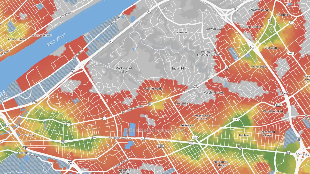 Walk Grade map of Rolling Fields, KY, walkable areas in green and car-dependent areas in red