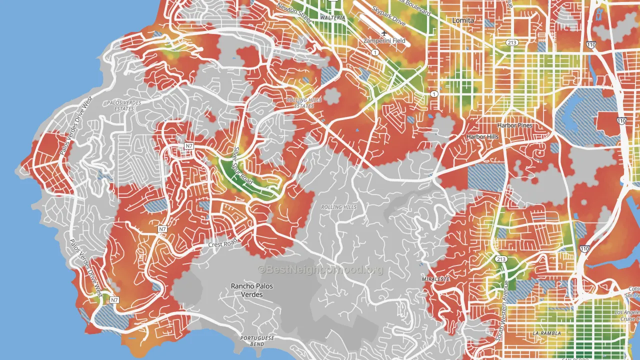 Walk Grade map of Rolling Hills Estates, CA, walkable areas in green and car-dependent areas in red