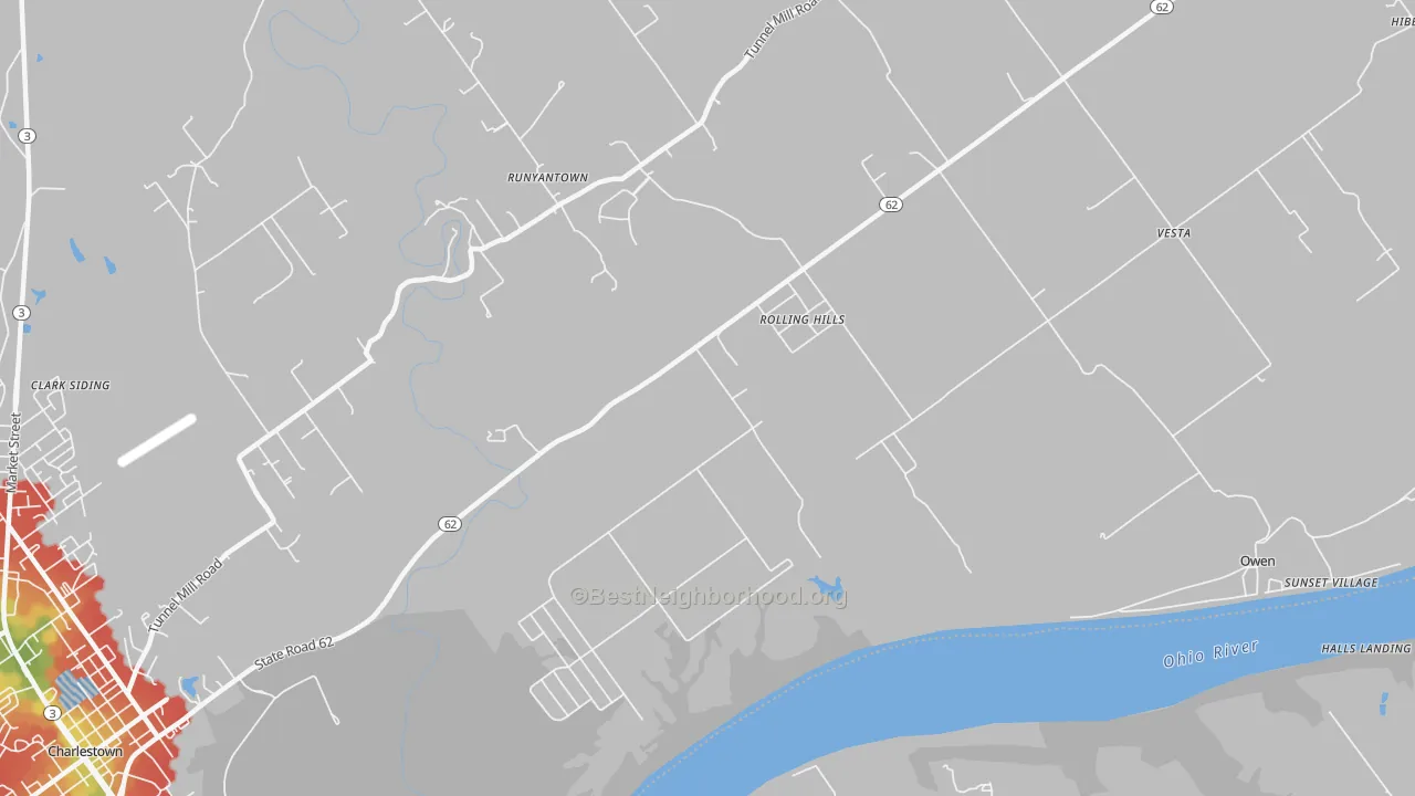 Walk Grade map of Rolling Hills, IN, walkable areas in green and car-dependent areas in red