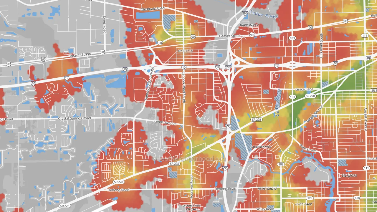 Walk Grade map of Rolling Hills, Jacksonville, FL, walkable areas in green and car-dependent areas in red