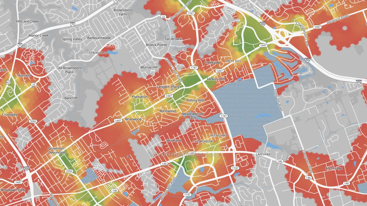 Walk Grade map of Rolling Hills, KY, walkable areas in green and car-dependent areas in red
