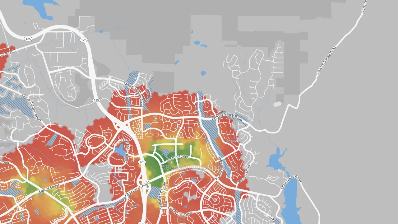 Walk Grade map of Rolling Hills Ranch, Chula Vista, CA, walkable areas in green and car-dependent areas in red