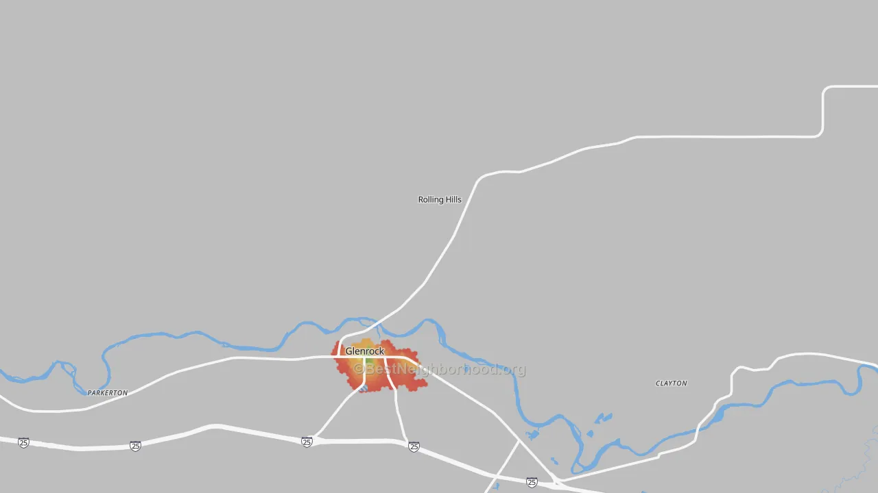 Walk Grade map of Rolling Hills, WY, walkable areas in green and car-dependent areas in red
