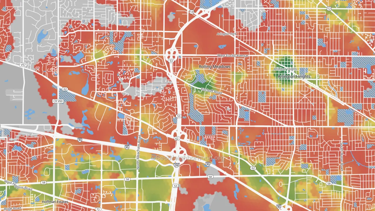 Walk Grade map of Rolling Meadows, IL, walkable areas in green and car-dependent areas in red