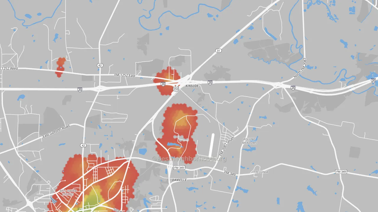 Walk Grade map of Rolling Meadows, TX, walkable areas in green and car-dependent areas in red