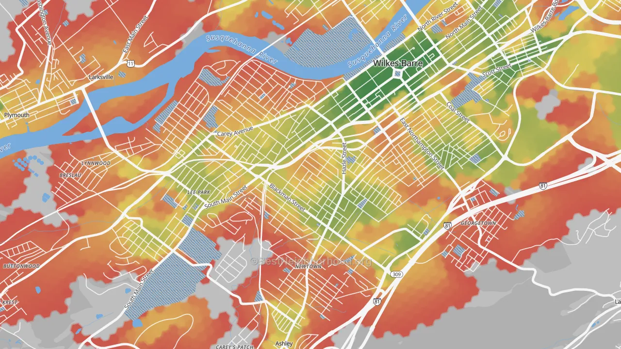 Walk Grade map of Rolling Mill Hill, Wilkes-Barre, PA, walkable areas in green and car-dependent areas in red