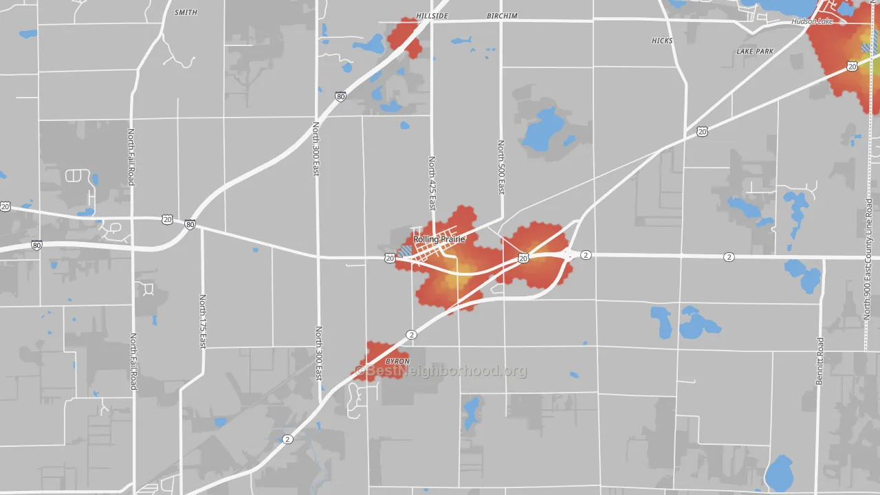Walk Grade map of Rolling Prairie, IN, walkable areas in green and car-dependent areas in red