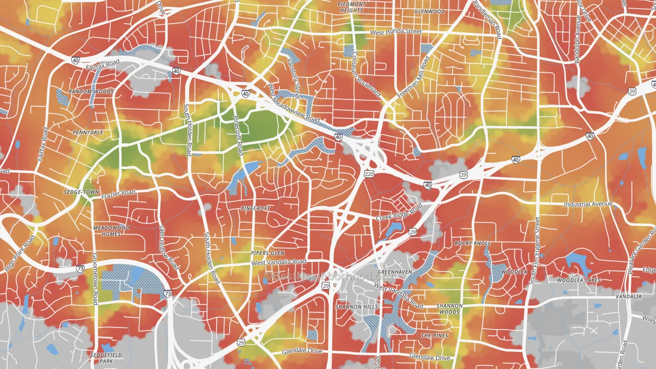 Walk Grade map of Rolling Roads, Greensboro, NC, walkable areas in green and car-dependent areas in red