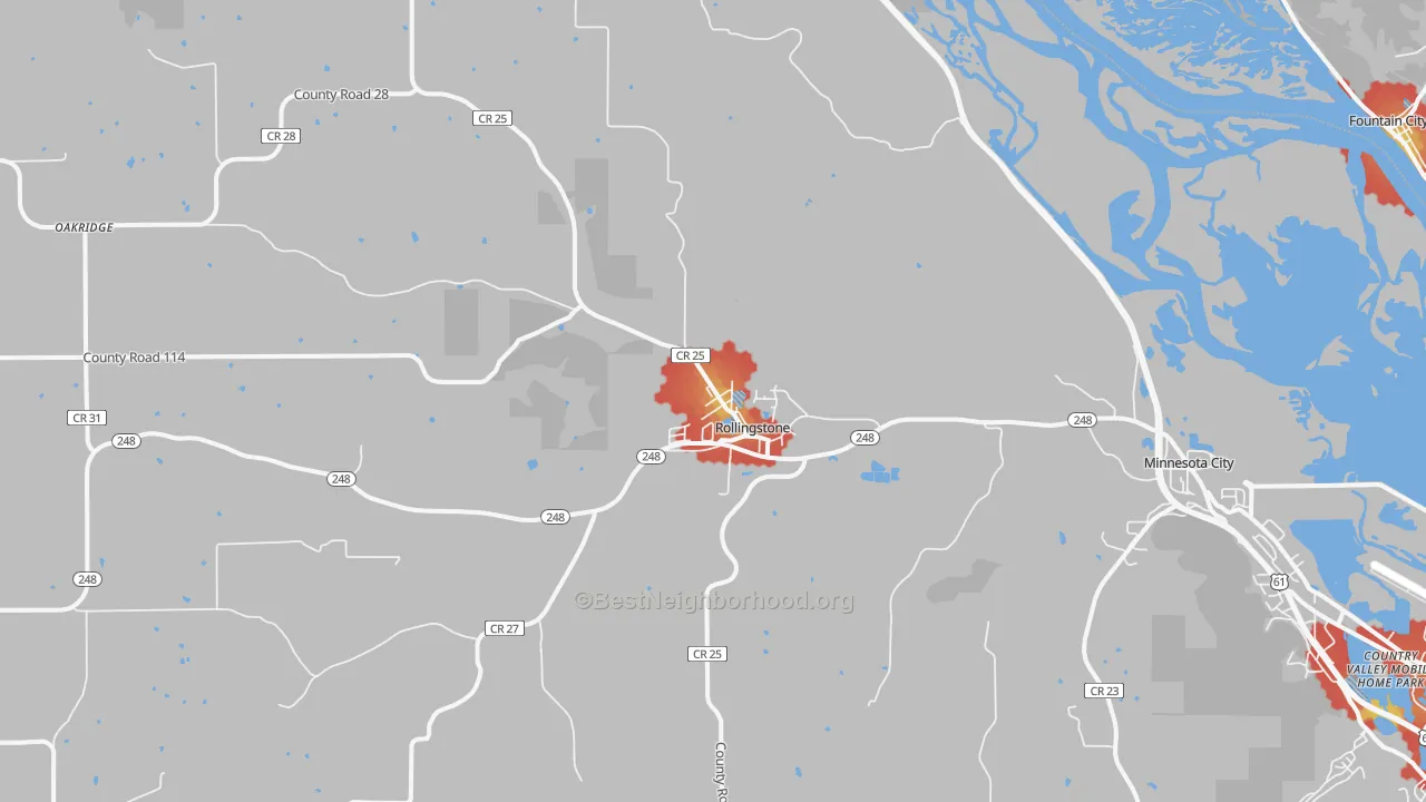 Walk Grade map of Rollingstone, MN, walkable areas in green and car-dependent areas in red