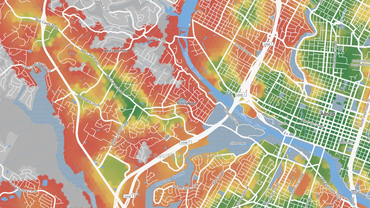 Walk Grade map of Rollingwood, TX, walkable areas in green and car-dependent areas in red