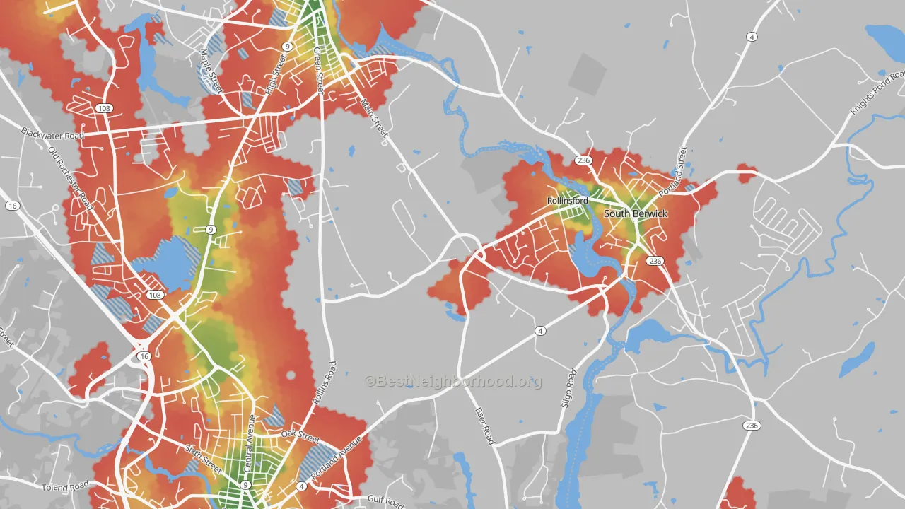 Walk Grade map of Rollinsford, NH, walkable areas in green and car-dependent areas in red