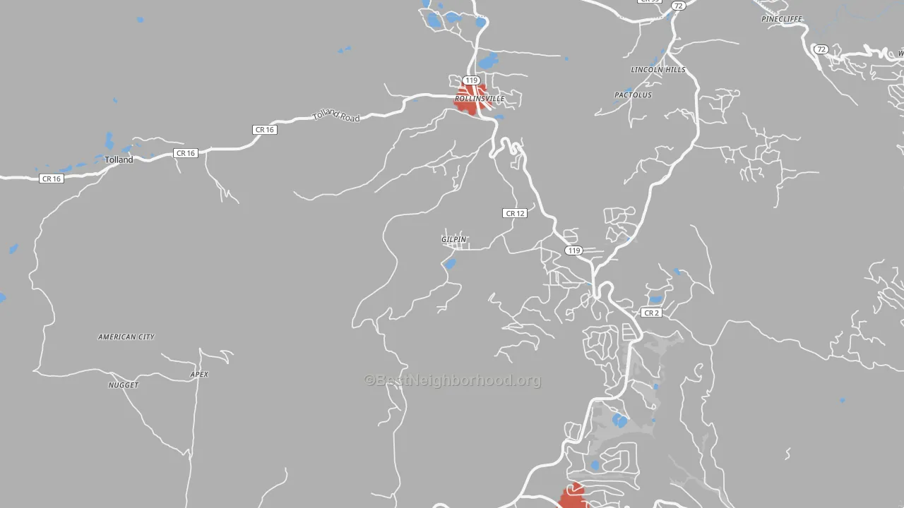 Walk Grade map of Rollinsville, CO, walkable areas in green and car-dependent areas in red