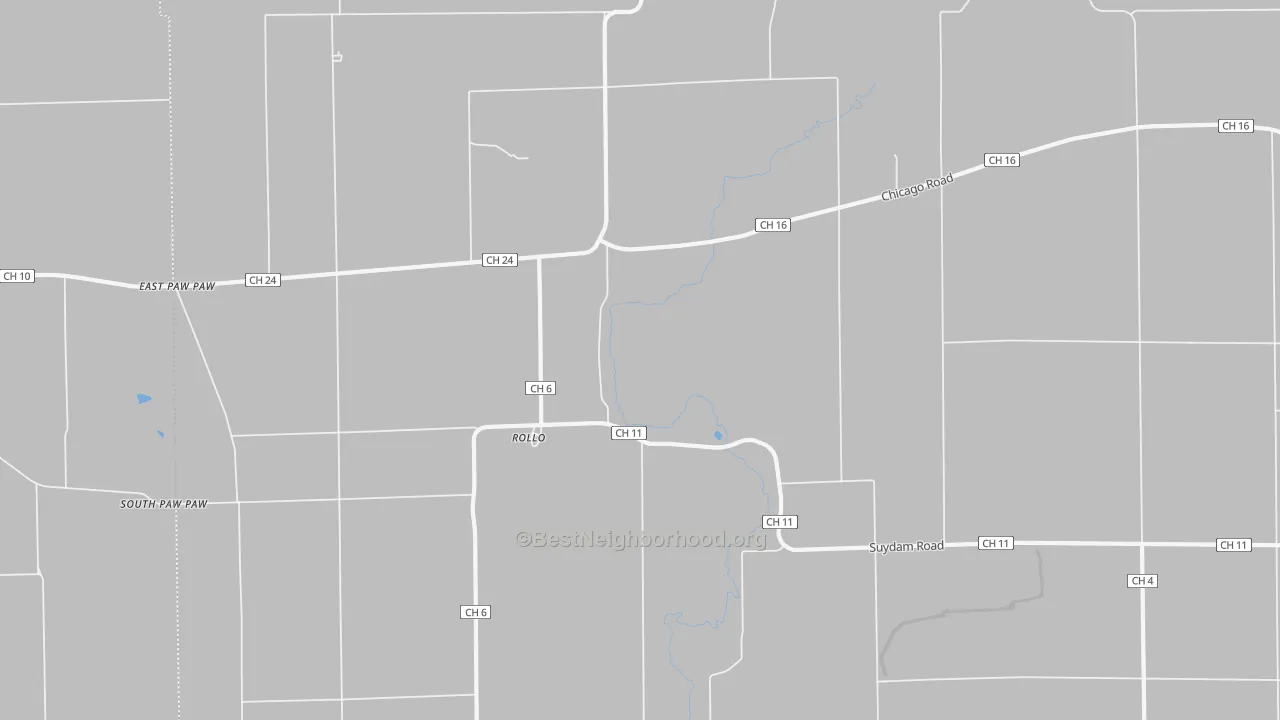 Walk Grade map of Rollo, IL, walkable areas in green and car-dependent areas in red