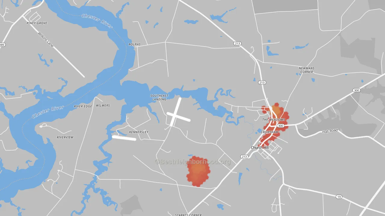 Walk Grade map of Rolphs, MD, walkable areas in green and car-dependent areas in red