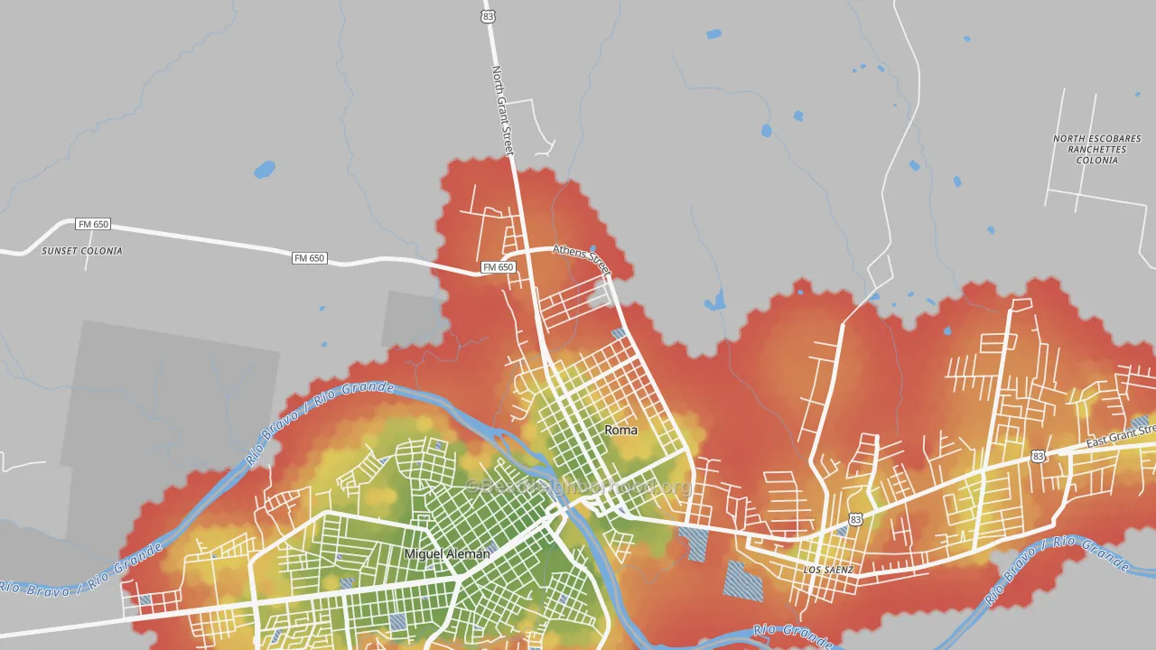 Walk Grade map of Roma Creek, TX, walkable areas in green and car-dependent areas in red
