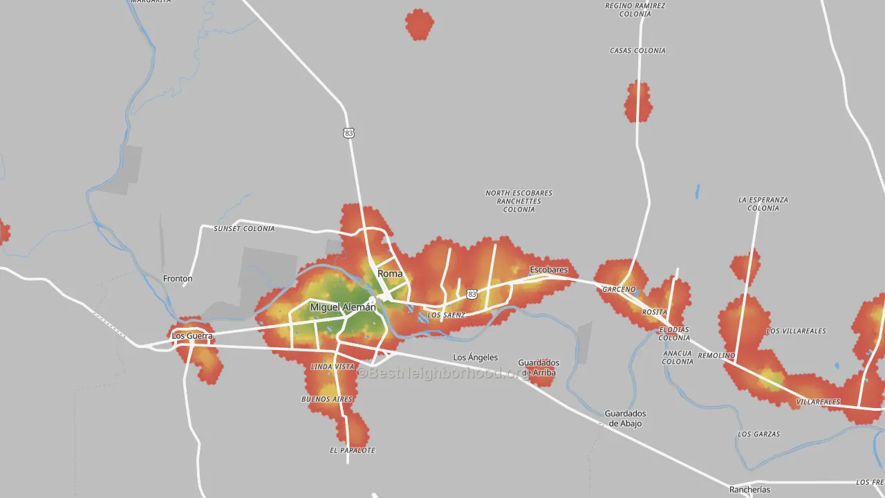 Walk Grade map of Roma, TX, walkable areas in green and car-dependent areas in red