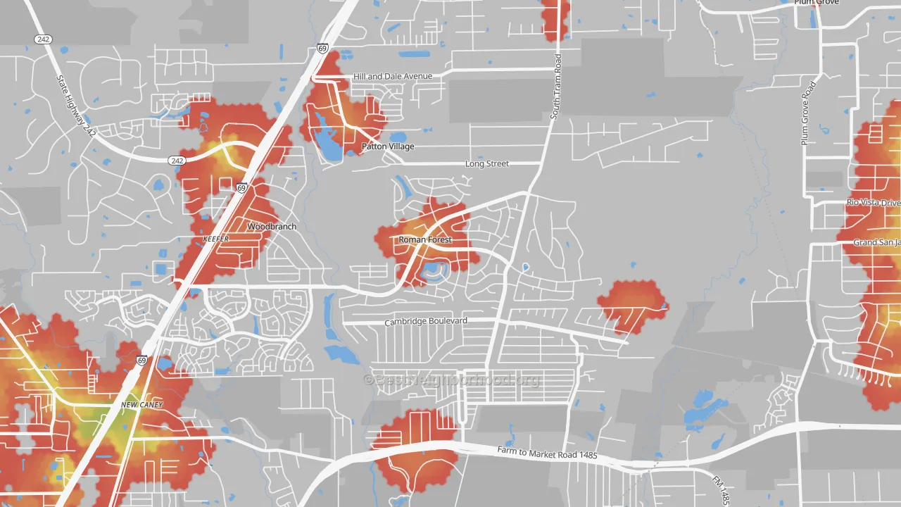 Walk Grade map of Roman Forest, TX, walkable areas in green and car-dependent areas in red