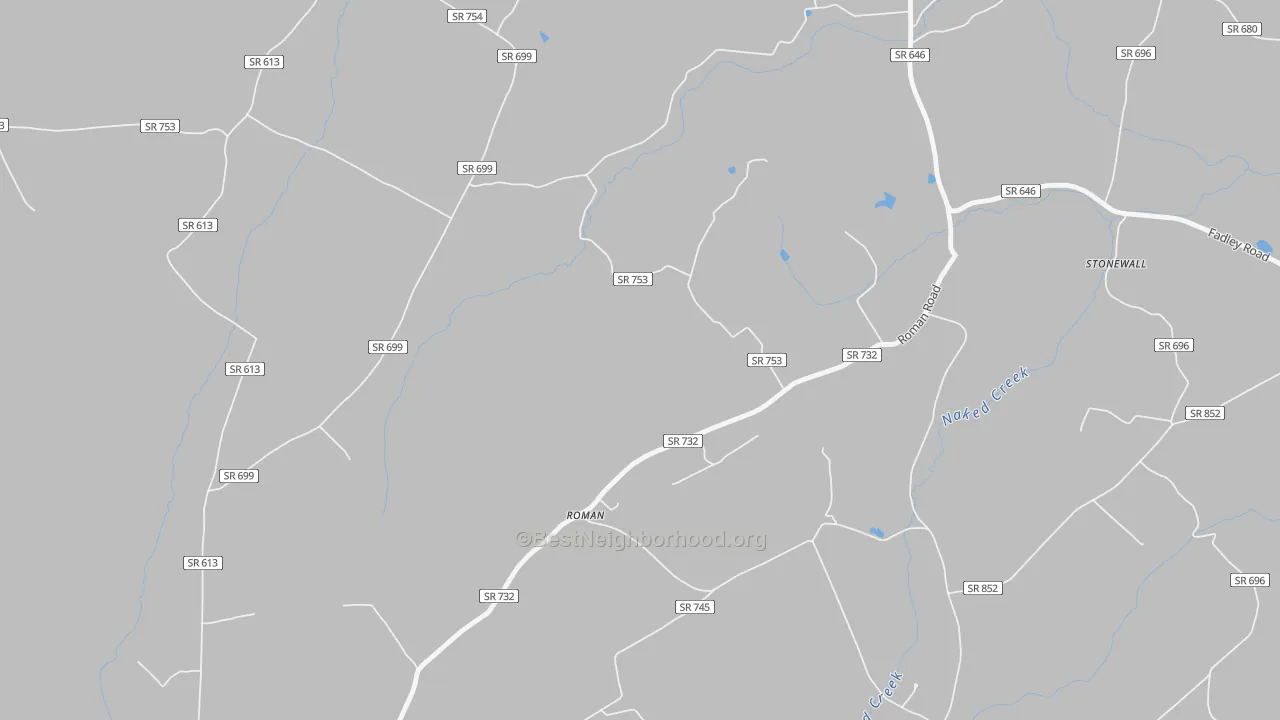 Walk Grade map of Roman, VA, walkable areas in green and car-dependent areas in red