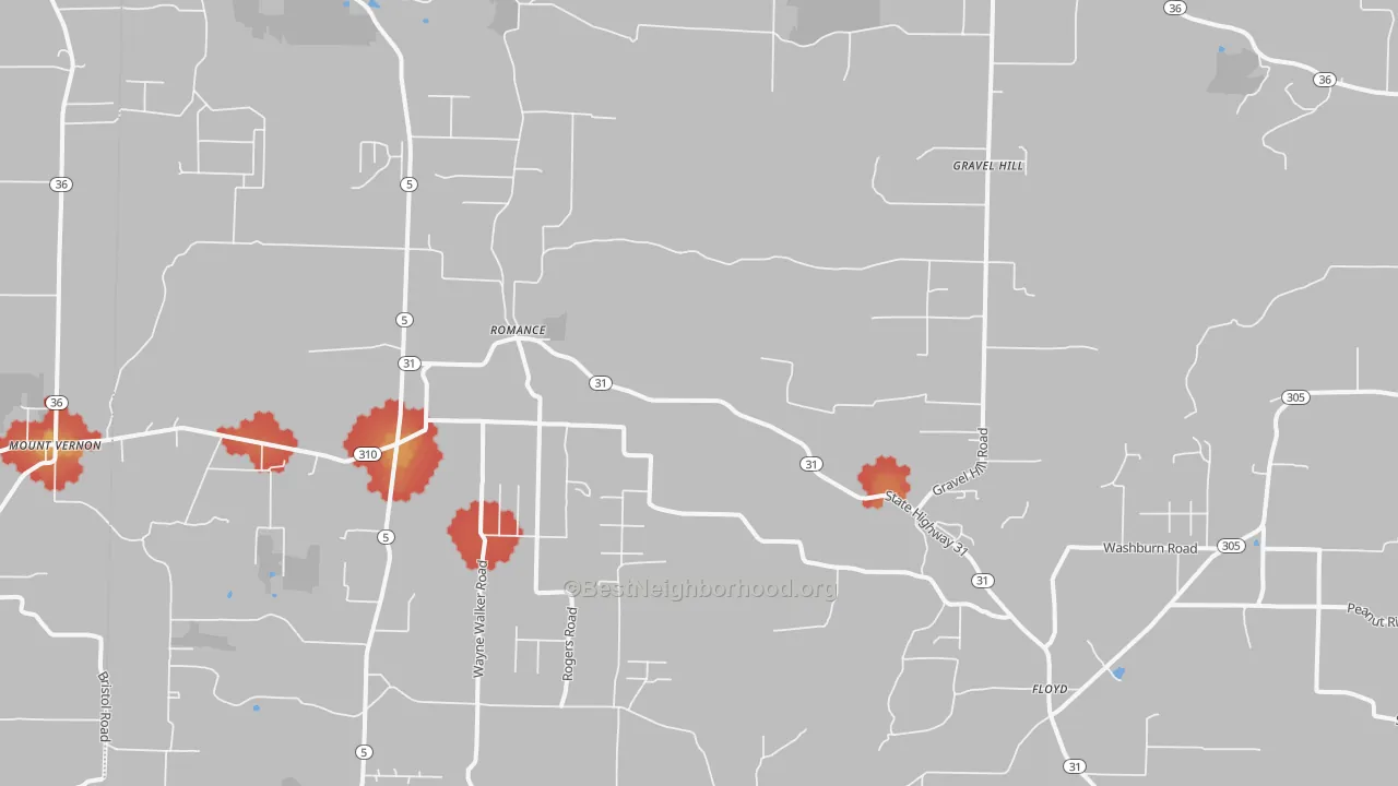 Walk Grade map of Romance, AR, walkable areas in green and car-dependent areas in red