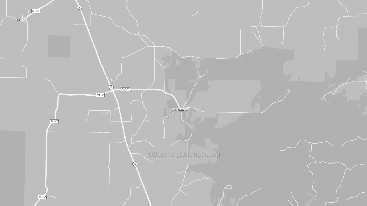 Walk Grade map of Romance, MO, walkable areas in green and car-dependent areas in red