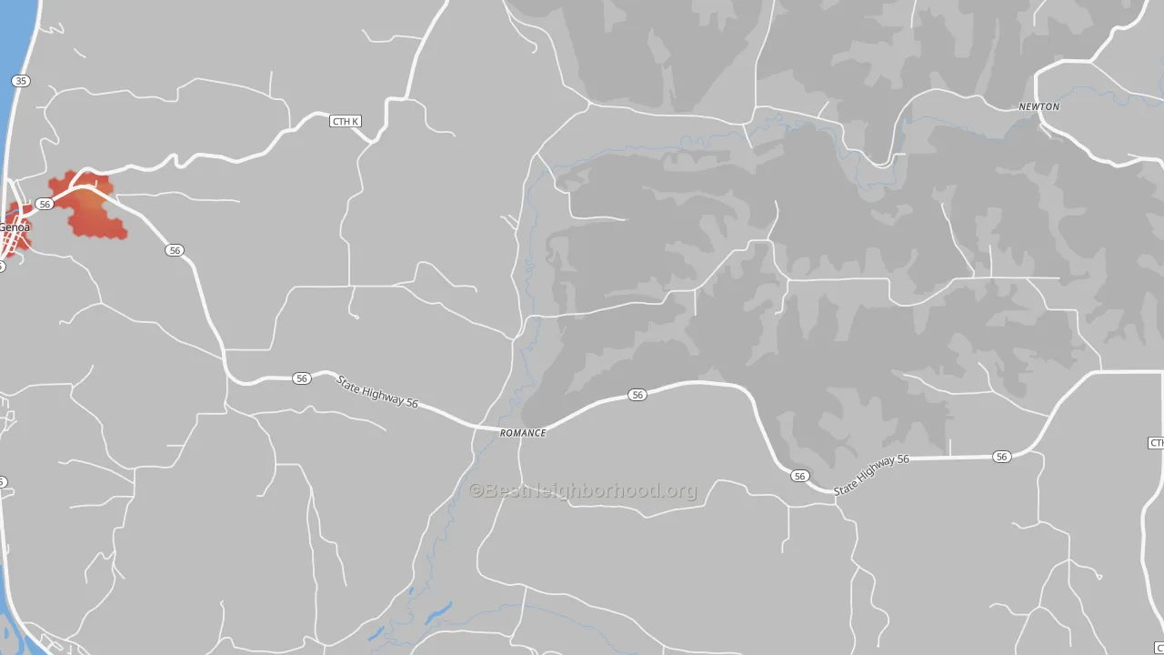 Walk Grade map of Romance, WI, walkable areas in green and car-dependent areas in red