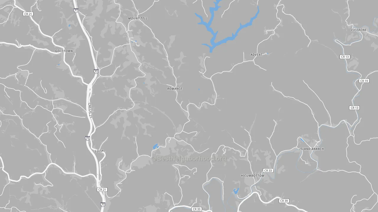 Walk Grade map of Romance, WV, walkable areas in green and car-dependent areas in red