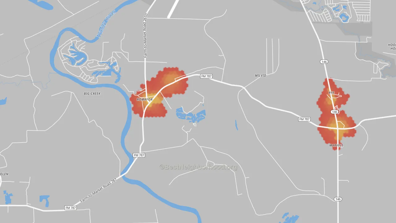 Walk Grade map of Romayor, TX, walkable areas in green and car-dependent areas in red