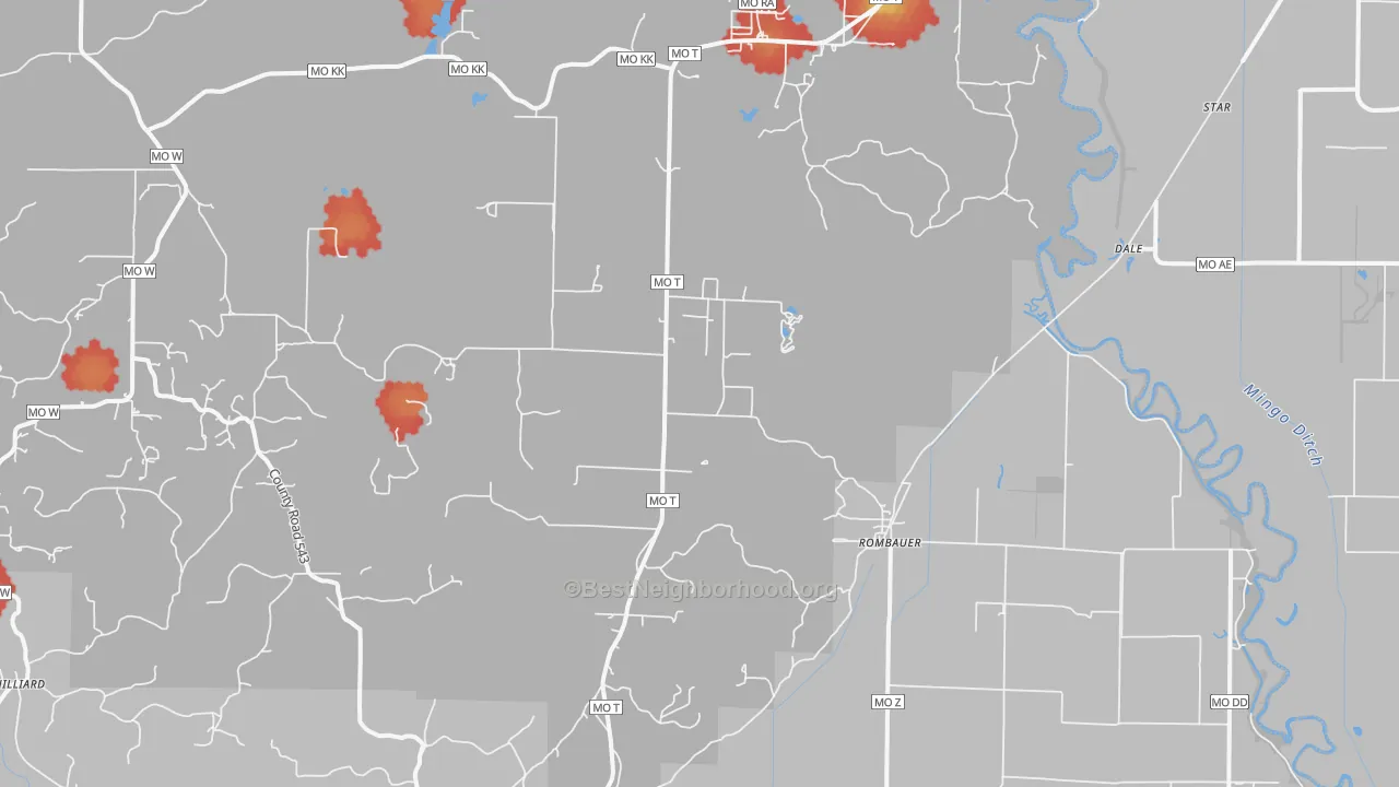 Walk Grade map of Rombauer, MO, walkable areas in green and car-dependent areas in red