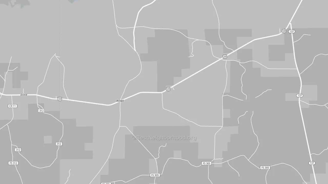 Walk Grade map of Rome, AL, walkable areas in green and car-dependent areas in red