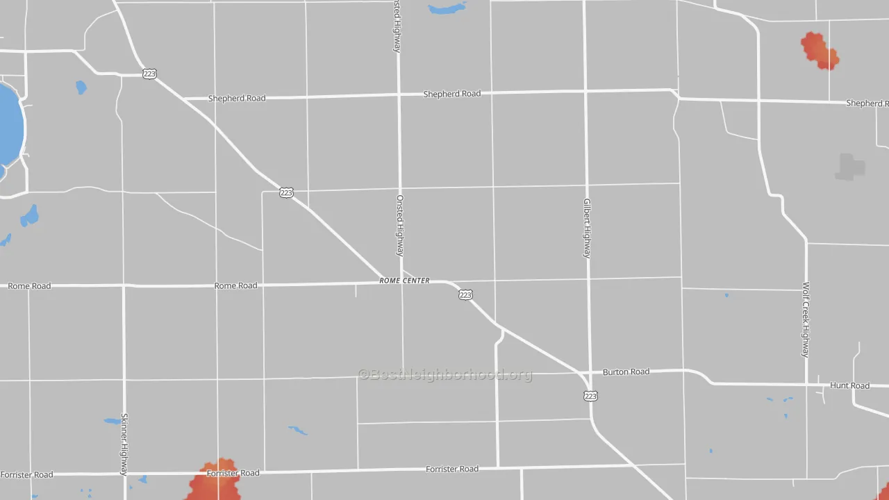 Walk Grade map of Rome Center, MI, walkable areas in green and car-dependent areas in red
