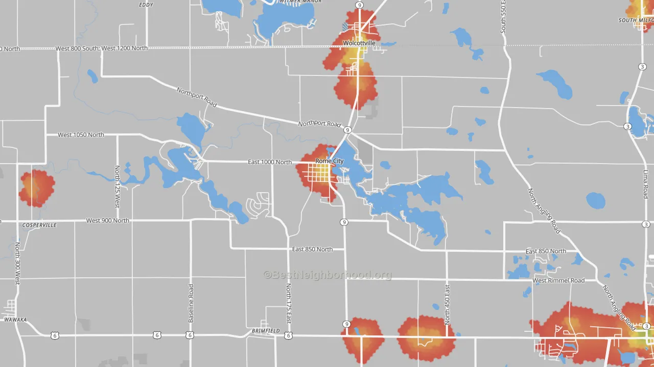 Walk Grade map of Rome City, IN, walkable areas in green and car-dependent areas in red