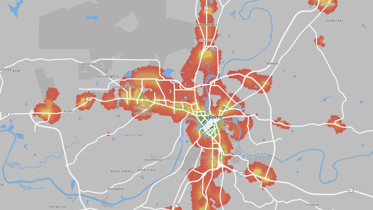 Walk Grade map of Rome, GA, walkable areas in green and car-dependent areas in red